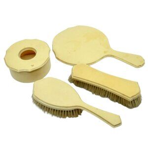 ANTIQUE FRENCH IVORY CELLULOID VANITY BOX, 2 BRUSHES, & MIRROR LOT OF 4